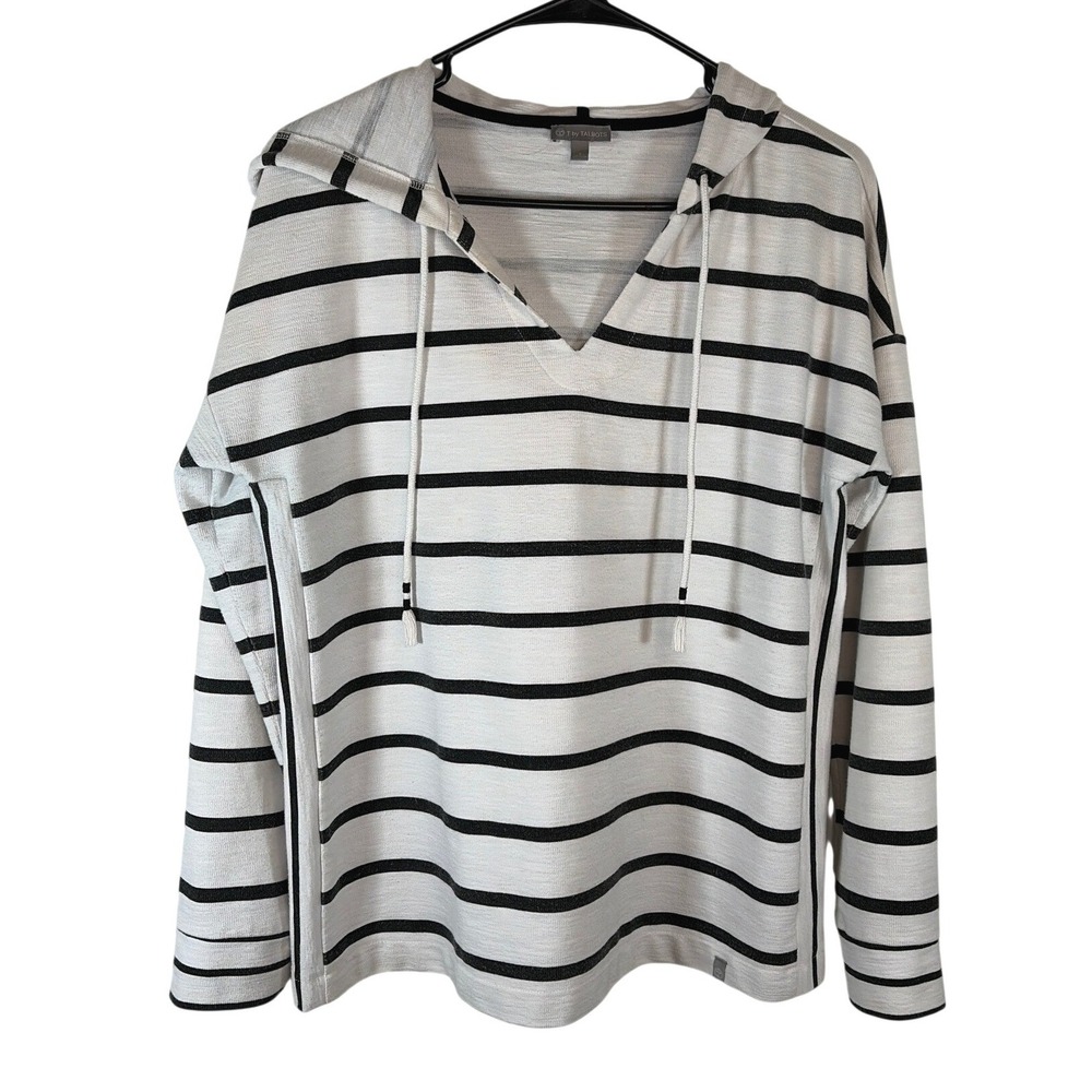 T by Talbots Women Striped Nautical Hoodie V-Neck Long Sleeve White Black S